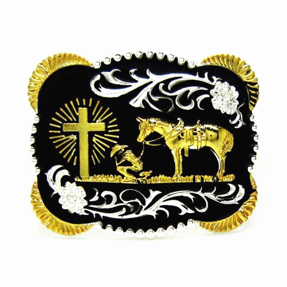 8242 MASOP 3D Rectangle Western Cowboy Horse Prayer Gold Cross Belt Buckle